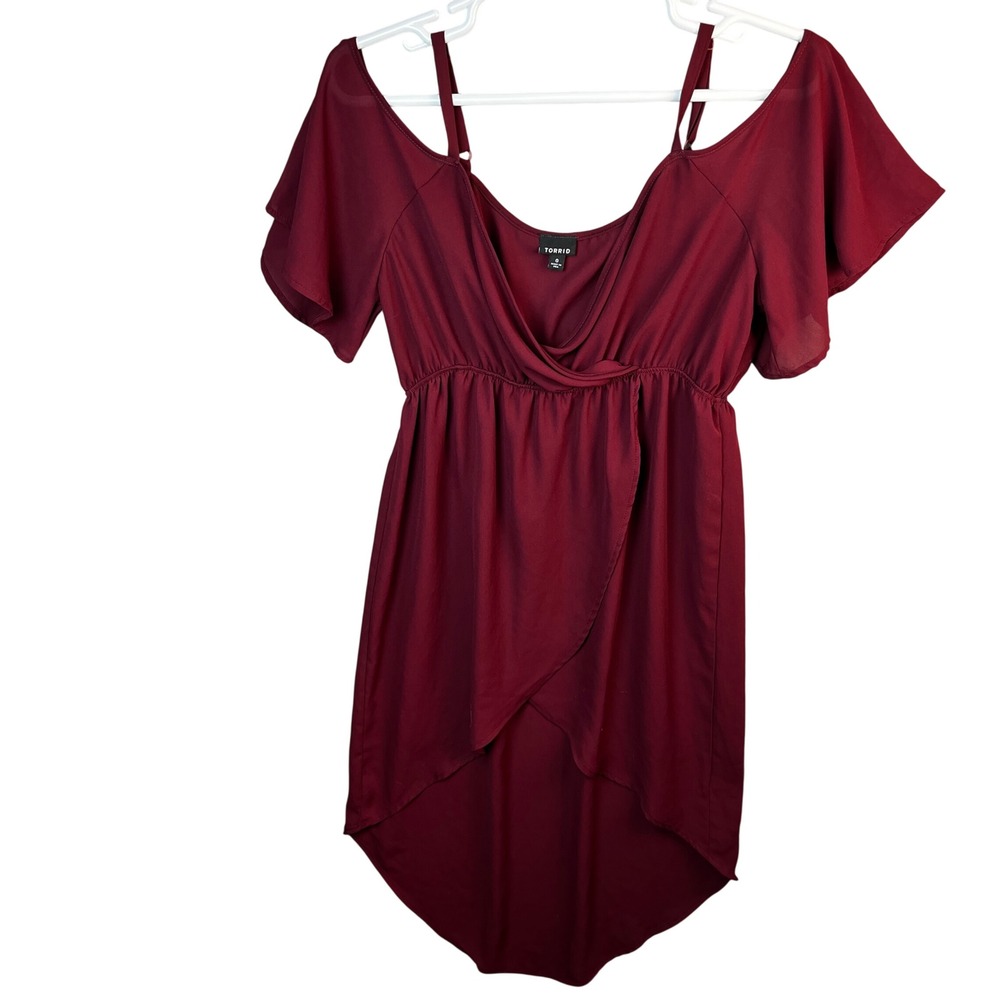 Torrid Cold‎ Shoulder Dress Women 0 Burgundy High Low Tulip Hem Surplice Neck
